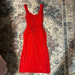 Laundry By Shelli Segal Red Ruched V-Neck Midi Dress